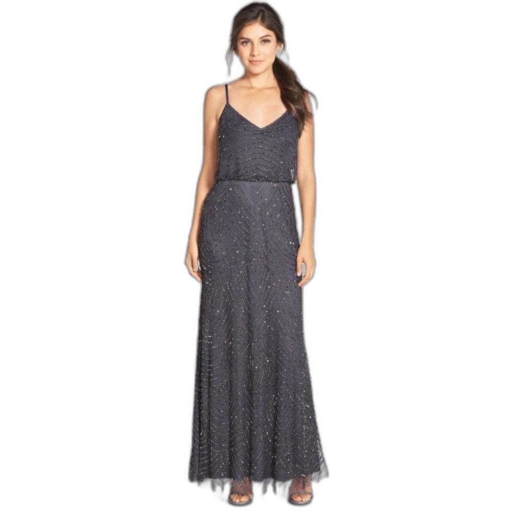 NWT Adrianna Papell Blouson Gown Woman's Size 12 Gunmetal Gray Art Deco